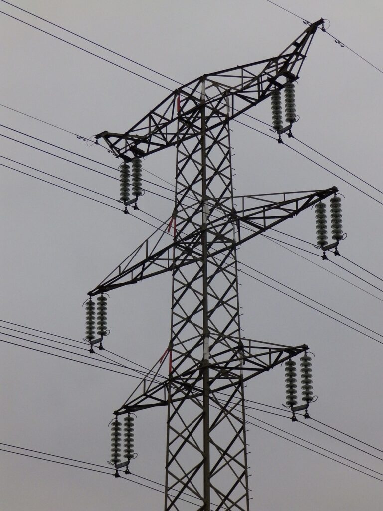 high voltage, pylon, transmission line, current, aerial