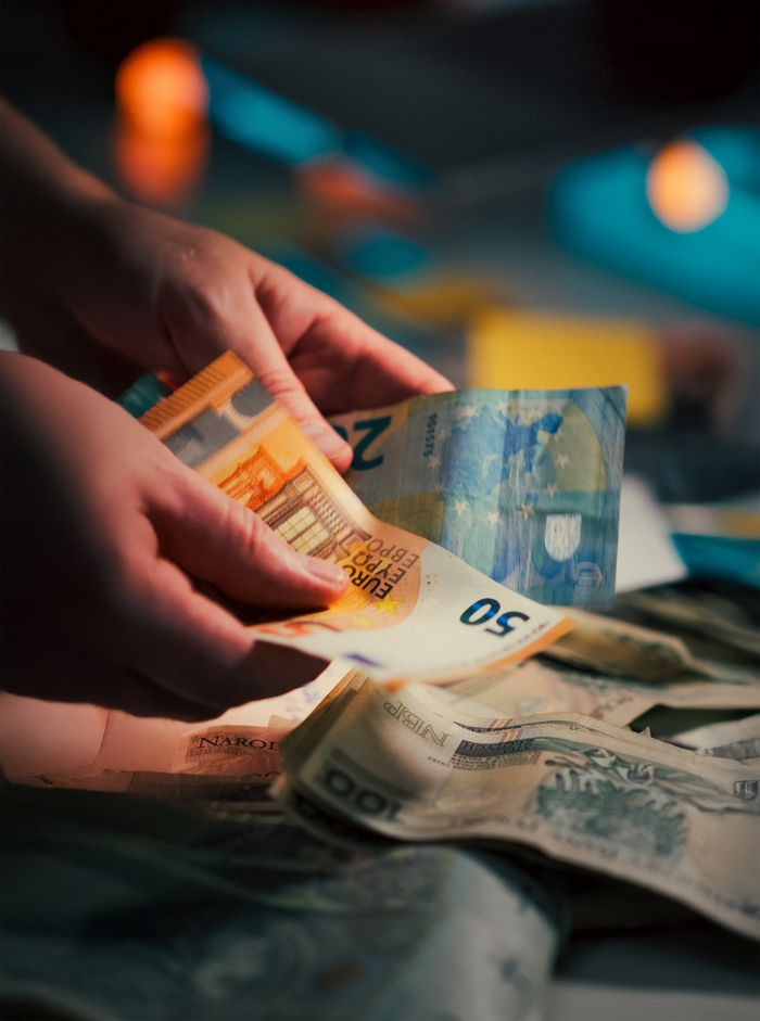 Hands counting assorted Euro banknotes, highlighting currency exchange and finance concepts.